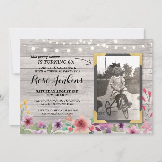 Inbjudan till Photo Rosa Birthday Blommigt Rustic  (Framsida)