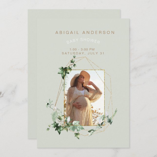 Inbjudan till Photo Soft Mint Foliage Baby Shower (Fram/baksida)