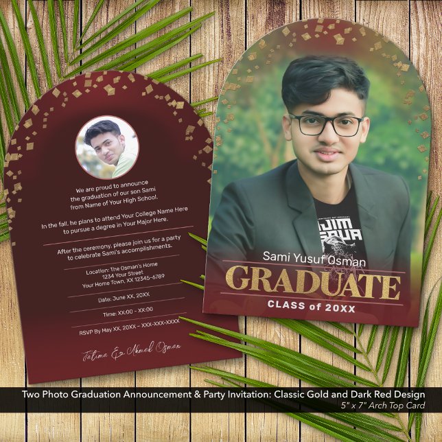 Inbjudan till Photo Studenten Classic Guld Mörk Re (Two Photo Graduation Announcement and Invitation: Classic Design in Gold and Dark Red)