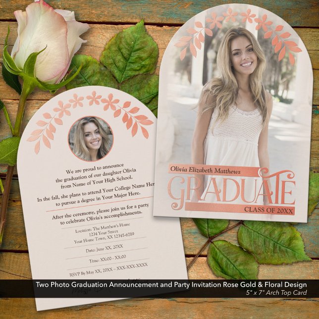 Inbjudan till Photo Studenten Ro Guld Blommigt (Two Photo Graduation Announcement and Invitation with Faux Embossed Rose Gold and Floral Details)