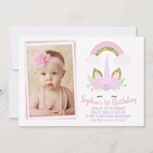 Inbjudan till Photo Unicorn och Rainbow Birthday (Framsida)