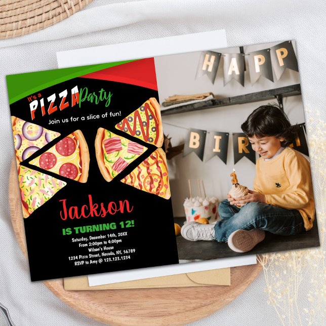 Inbjudan till Photo White Red Grönt Pizza Birthday (Photo White Red Green Pizza Birthday Invitations)