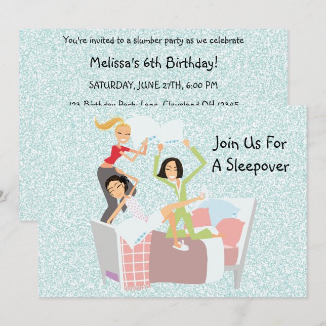 Inbjudan till Pillow Fight Sleepover (Fram/baksida)