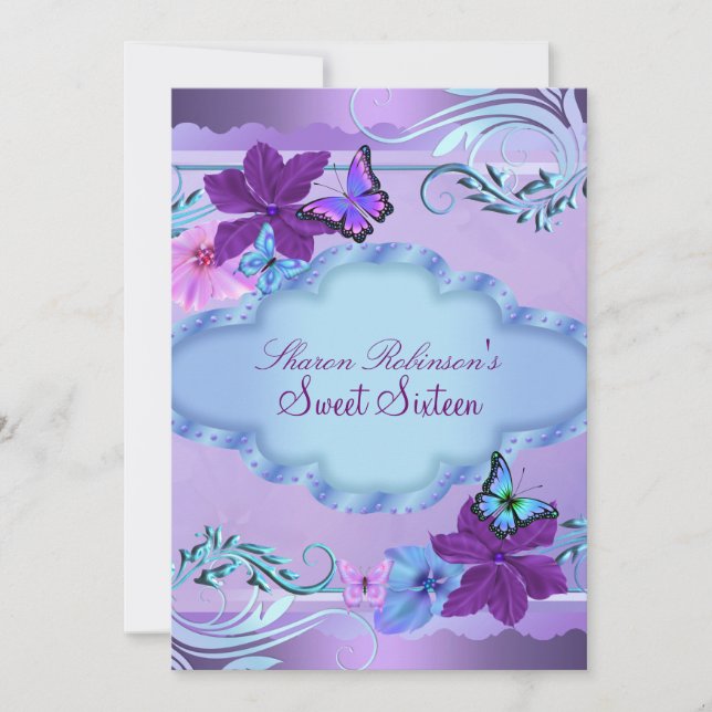 Inbjudan till Pink & Blue Butterfly Garden Sweet 1 (Framsida)