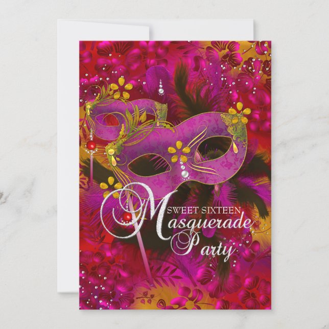 Inbjudan till Pink Gold Floral Masquerade Sweet 16 (Framsida)
