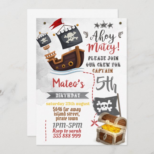 Inbjudan till pirat - Födelsedagsfesten Pirat (Fram/baksida)