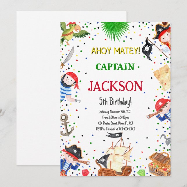 Inbjudan till pirat på födelsedagen (Fram/baksida)