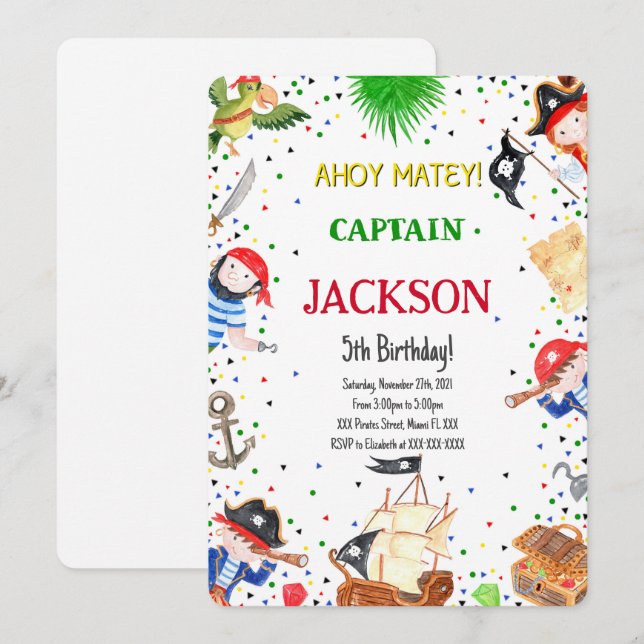Inbjudan till pirat på födelsedagen (Fram/baksida)
