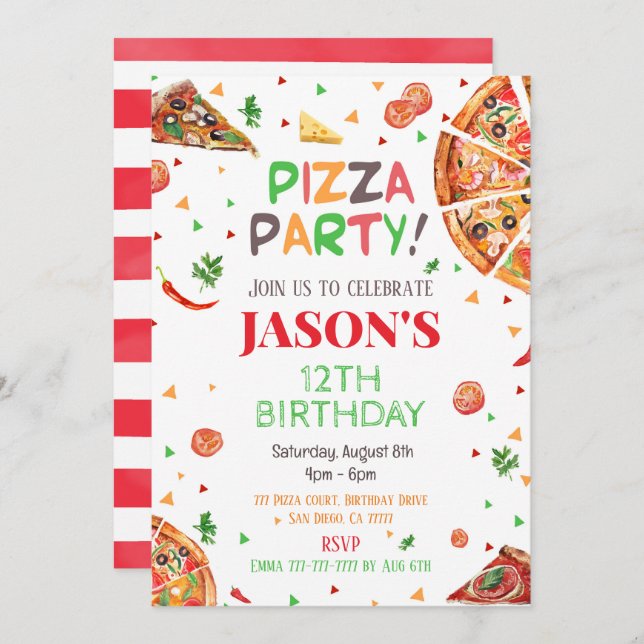 Inbjudan till Pizza Birthday (Fram/baksida)