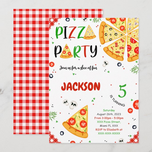 Inbjudan till Pizza Birthday (Fram/baksida)