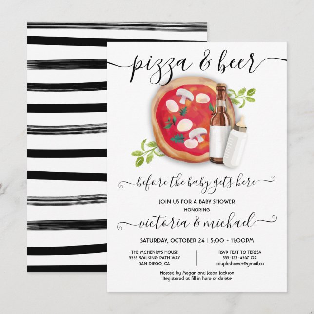 Inbjudan till Pizza och Beer Baby Shower (Fram/baksida)