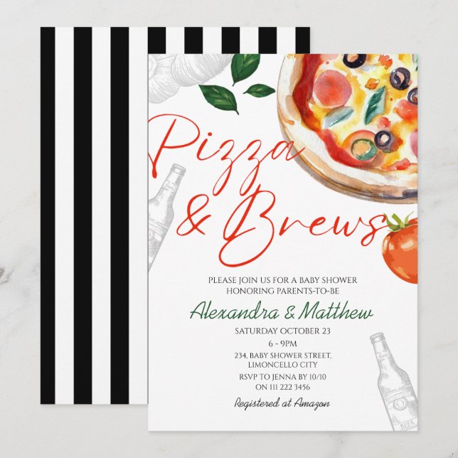 Inbjudan till Pizza och Brews Co Ed Baby Shower (Fram/baksida)