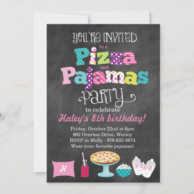 Inbjudan till Pizza och Pajamas Party Chalkboard (Framsida)