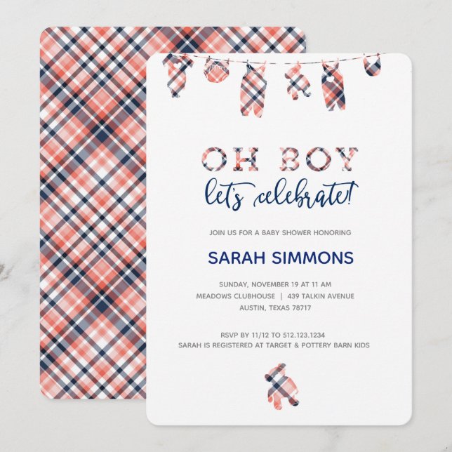 Inbjudan till Play Boy Clothesline Baby Shower (Fram/baksida)