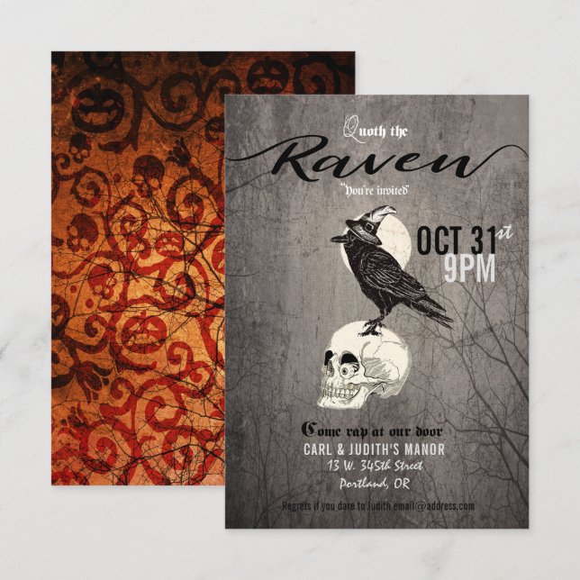 Inbjudan till Poe Raven Halloween fest (Fram/baksida)
