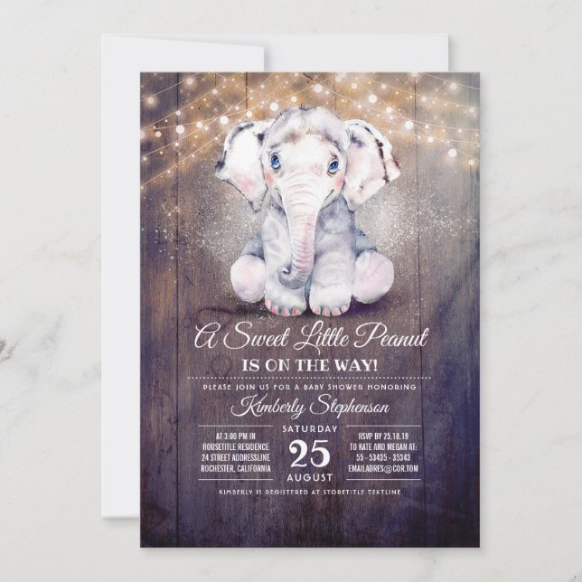 Inbjudan till pojke Elephant Rustic Baby Shower (Framsida)