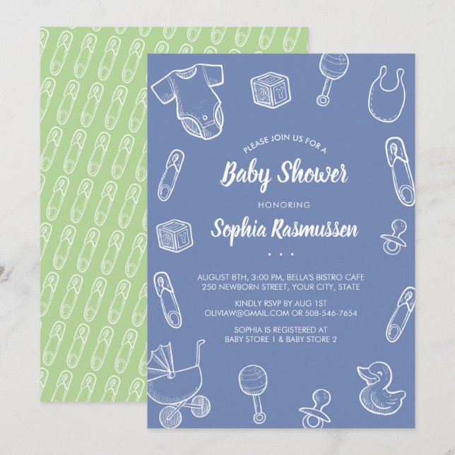 Inbjudan till Pojke Leksaker Clothes Blue Baby Sho (Fram/baksida)