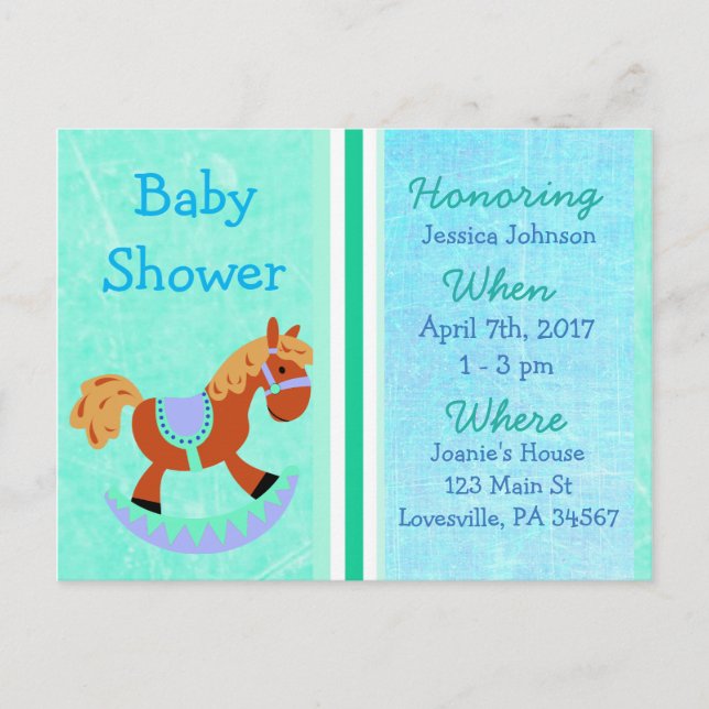 Inbjudan till Pojke Rocking Horse Blue Baby Shower (Framsida)