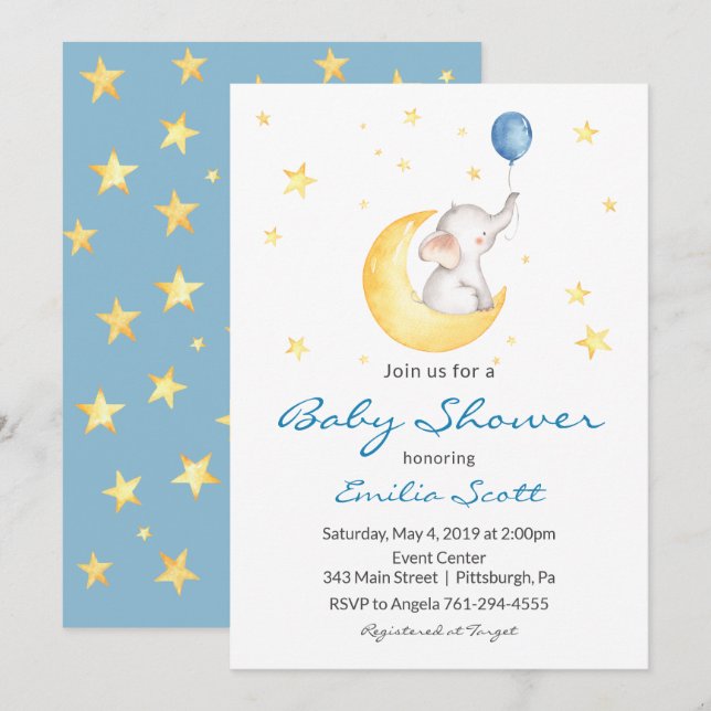Inbjudan till Pojke Star Elephant Baby Shower (Fram/baksida)