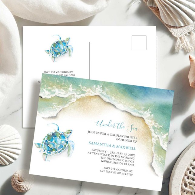 Inbjudan till pojke: Vattenfärgssköldpadda (Baby boy shower invitations cute watercolor under the sea turtle Victoria Grigaliunas DoTellABelle)