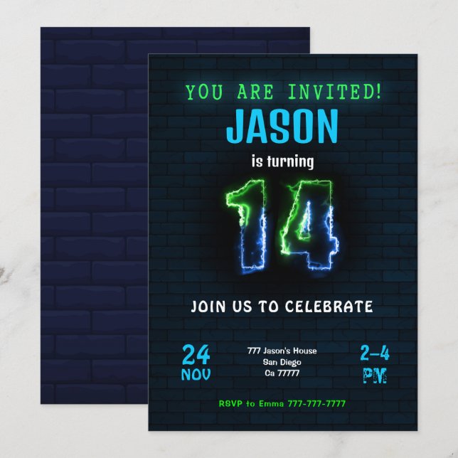 Inbjudan till pojkens 14-årsdag (Fram/baksida)