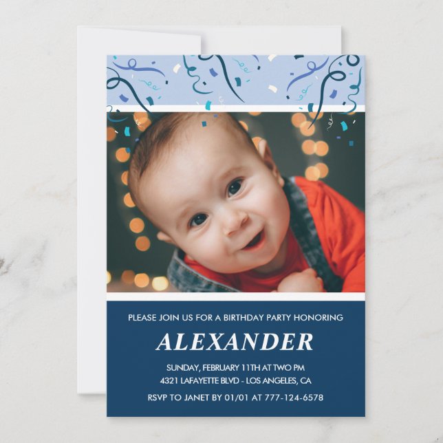 Inbjudan till pojkes 1-årsdag Fotot Navy Blue (Framsida)