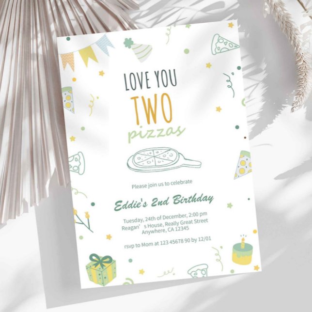 Inbjudan till pojkes 2-årsdag pizzafest blå (Boy 2nd Birthday Pizza Theme Invitation)