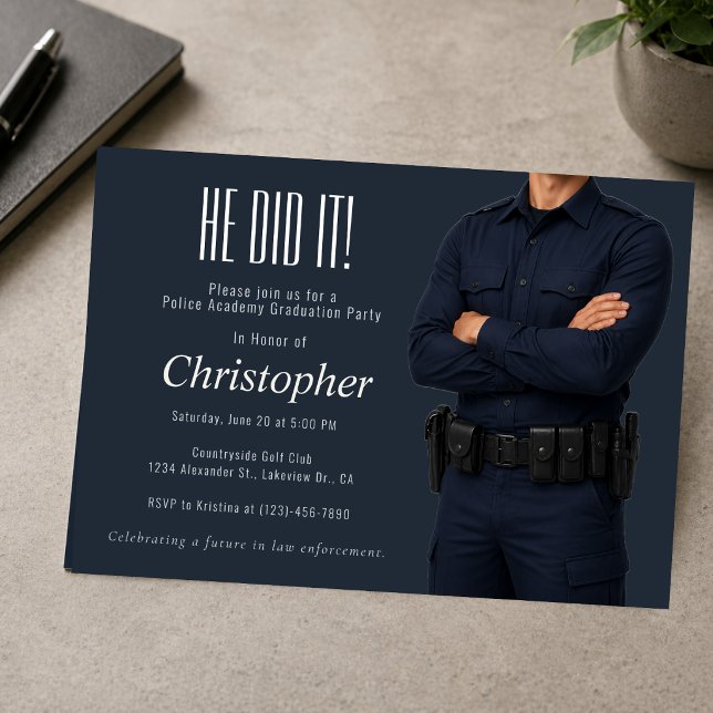 Inbjudan till polisens examensfest (Police academy graduation party invitation with modern navy masculine design)
