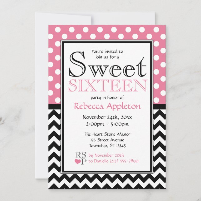Inbjudan till Polka Dot Rosa & Chevron Sweet sixte (Framsida)