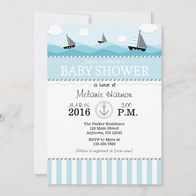 Inbjudan till Powder Blue Nautical Baby Shower (Framsida)