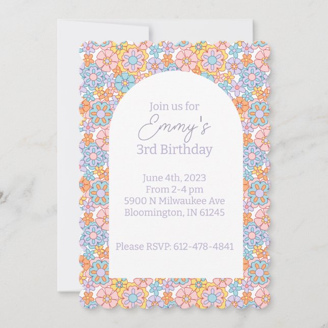 Inbjudan till Power Groovy-familjen för Retro-blom (Framsida)