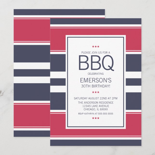 Inbjudan till Preppy Red, White och Blue BBQ Birth (Fram/baksida)