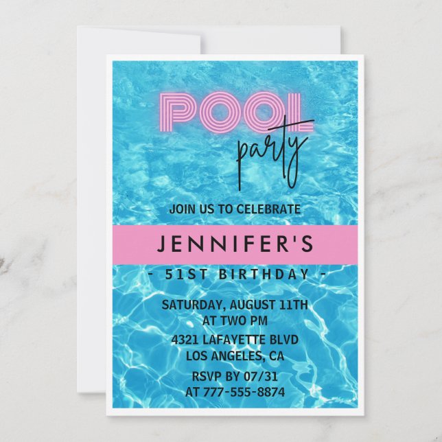 Inbjudan till Pretty Pink Pool Party 51-års födels (Framsida)