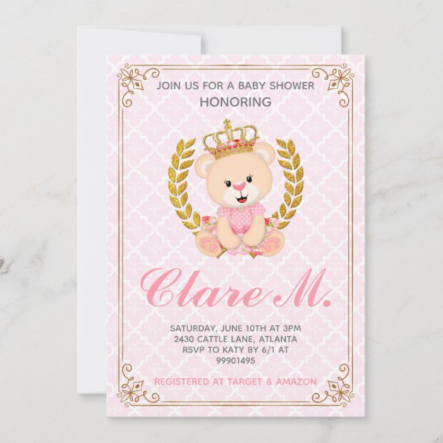 Inbjudan till Princess Bear Baby Shower (Framsida)
