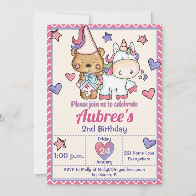 Inbjudan till Princess Bear och Unicorn Birthday (Framsida)