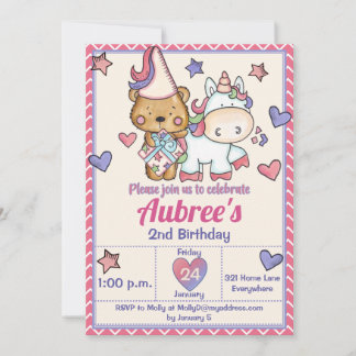 Inbjudan till Princess Bear och Unicorn Birthday