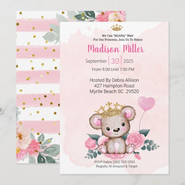 Inbjudan till Princess Bear Rosa Blommigt Baby Sho (Fram/baksida)