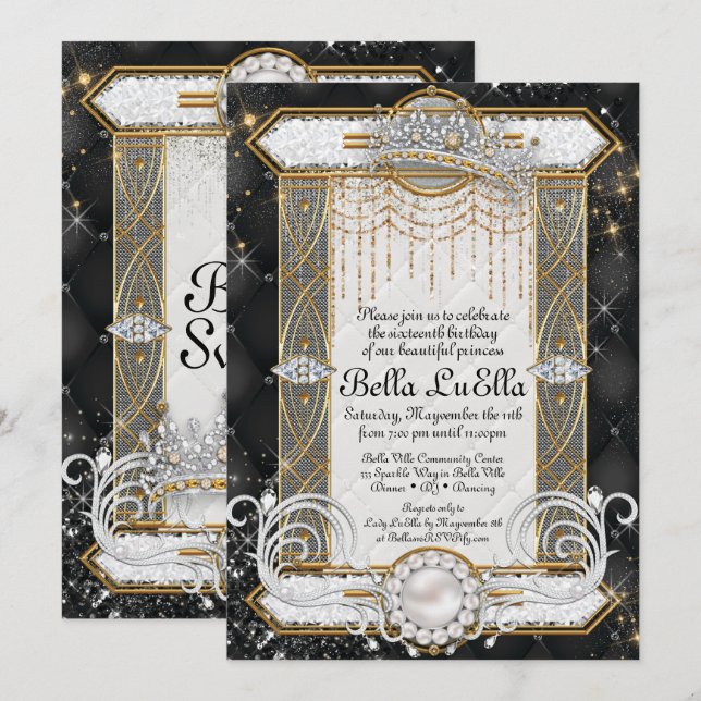 Inbjudan till Princess Bling Diamond Party (Fram/baksida)