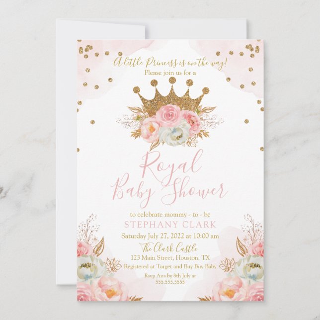 Inbjudan till Princess Blommigt Rosa & Guld Baby S (Framsida)