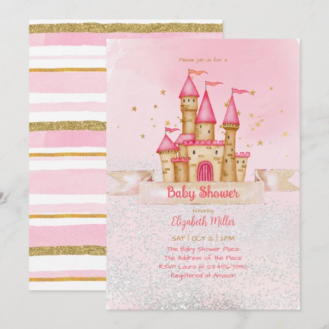 Inbjudan till Princess Castle Theme Flicka Shower (Fram/baksida)
