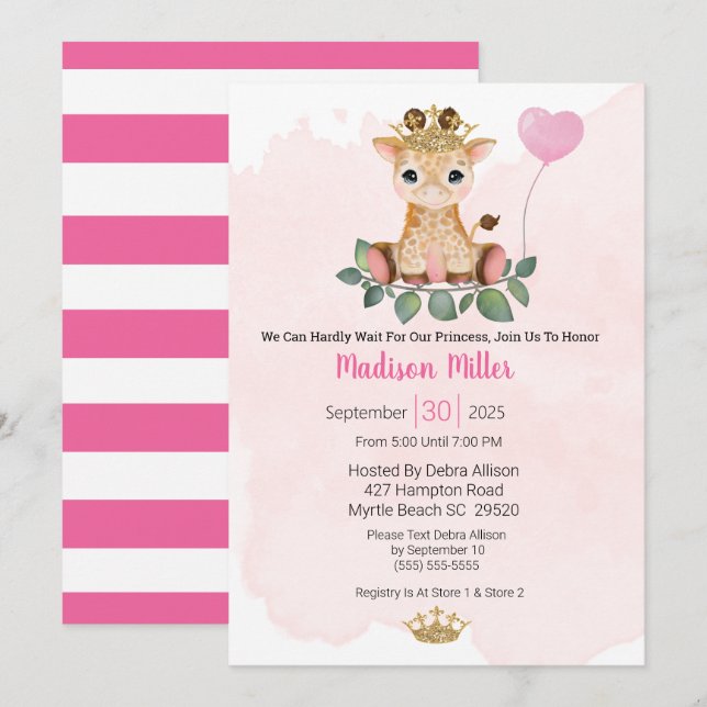 Inbjudan till Princess Giraffe Rosa Baby Shower (Fram/baksida)