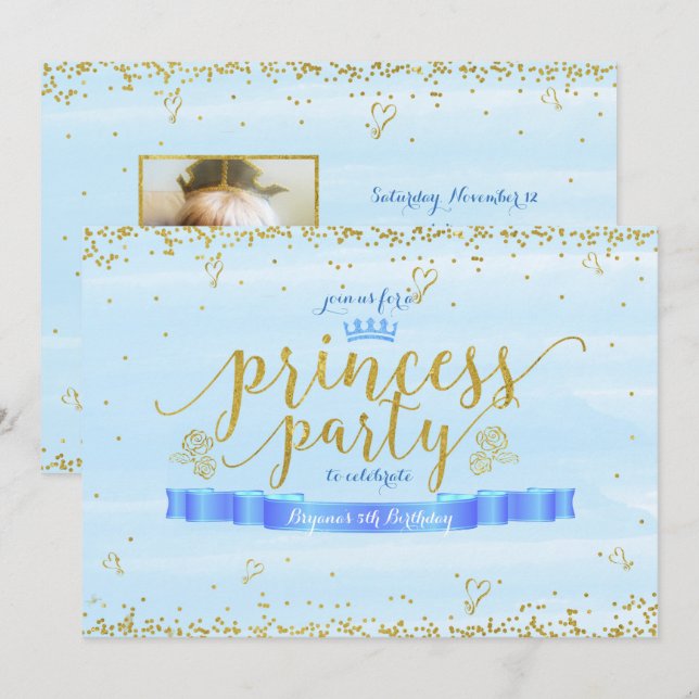 Inbjudan till Princess Party Guld & Blue Photo (Fram/baksida)