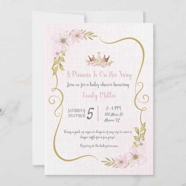 Inbjudan till prinsessa rosa guld baby shower (Framsida)