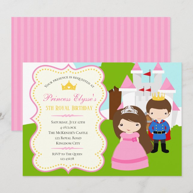 Inbjudan till prinsessan Birthday (med prins) (Fram/baksida)