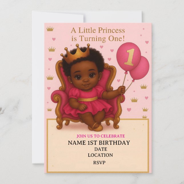 Inbjudan till prinsessan Rosa & Guld 1-årsdag (Framsida)