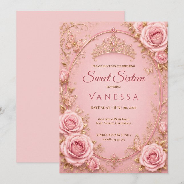 Inbjudan till prinsessans rosa 16-årsfest (Fram/baksida)