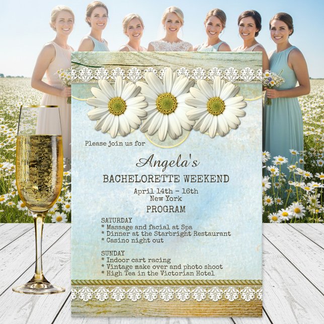 Inbjudan till programmallen Bachelorette Helg (Bachelorette weekend getaway program template with a boho chic design with daisies on rustic wood)