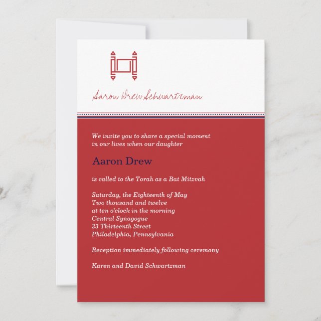 Inbjudan till Pub eller Bat mitzvah Torah Crimson (Framsida)