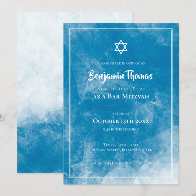 Inbjudan till pub Mitzvah | Blue Ombre (Fram/baksida)