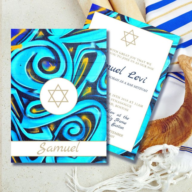 Inbjudan till pub Mitzvah Modern judisk blå Mönste (Skapare uppladdad)